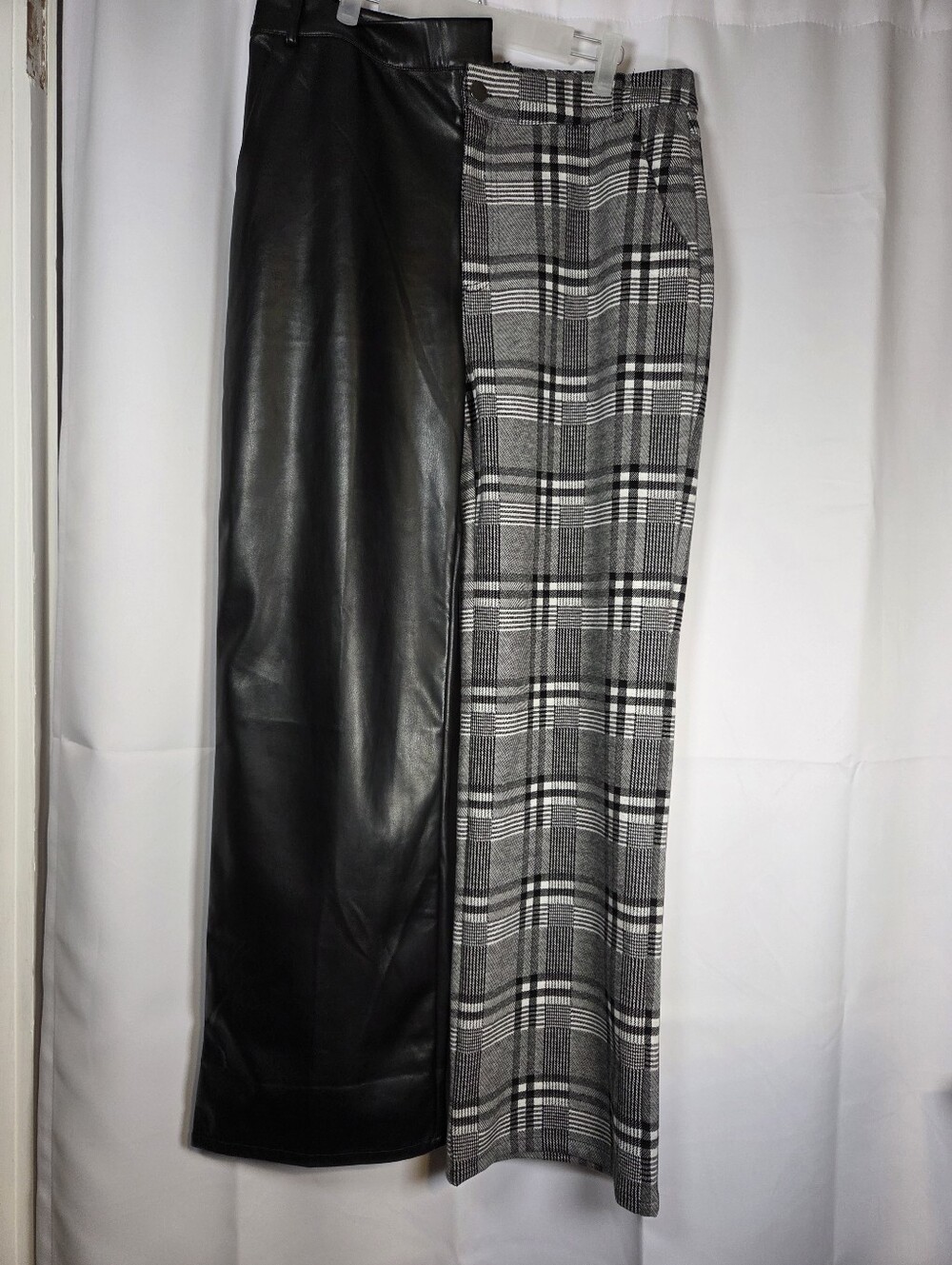 Akira Faux Leather & Cotton Plaid Half & Half Wide Leg Pants Women's XL 33"